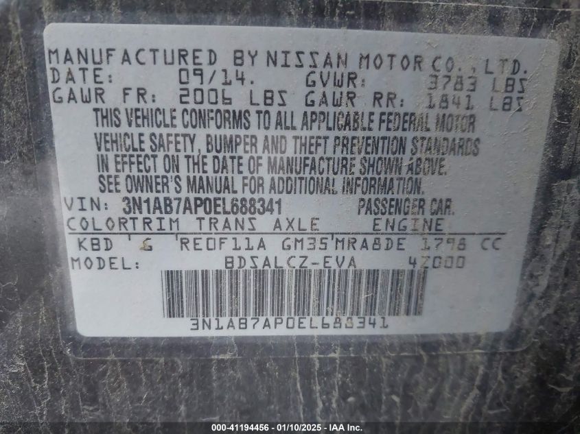 VIN 3N1AB7AP0EL688341 2014 Nissan Sentra, S no.9