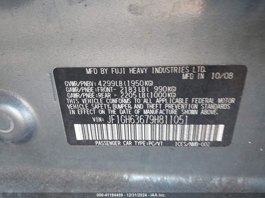 2009 SUBARU IMPREZA VIN: JF1GH63679H811051