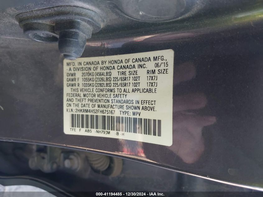 VIN 2HKRM4H52FH675167 2015 HONDA CR-V no.9