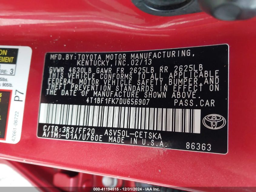 VIN 4T1BF1FK7DU656907 2013 Toyota Camry, SE no.9