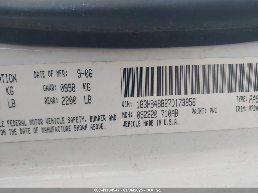 2007 DODGE CALIBER VIN: 1B3HB48B27D173856