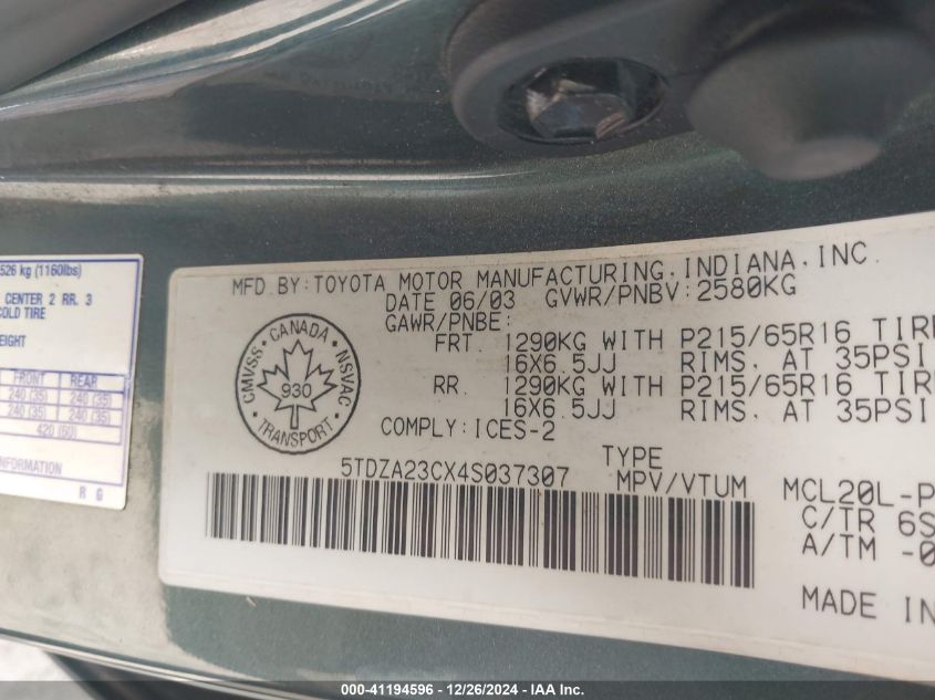 2004 Toyota Sienna Ce/Le VIN: 5TDZA23CX4S037307 Lot: 41194596