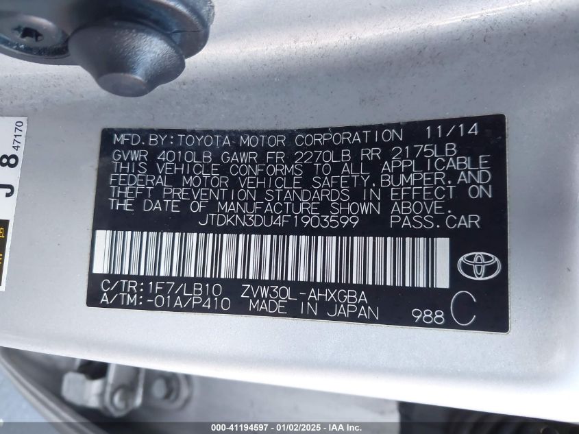 VIN JTDKN3DU4F1903599 2015 Toyota Prius, Four no.9