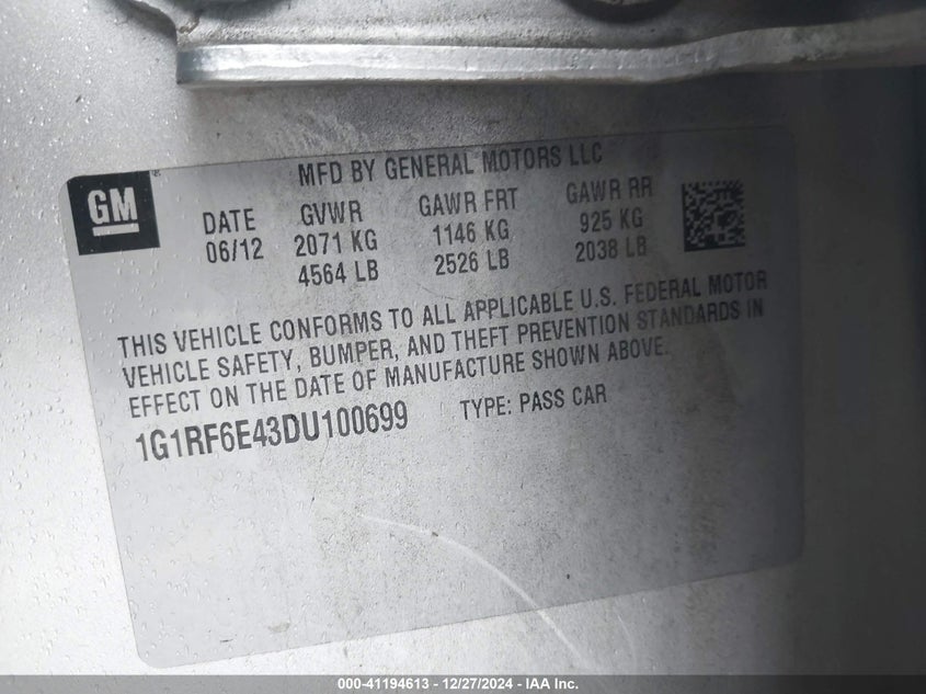 2013 CHEVROLET VOLT VIN: 1G1RF6E43DU100699