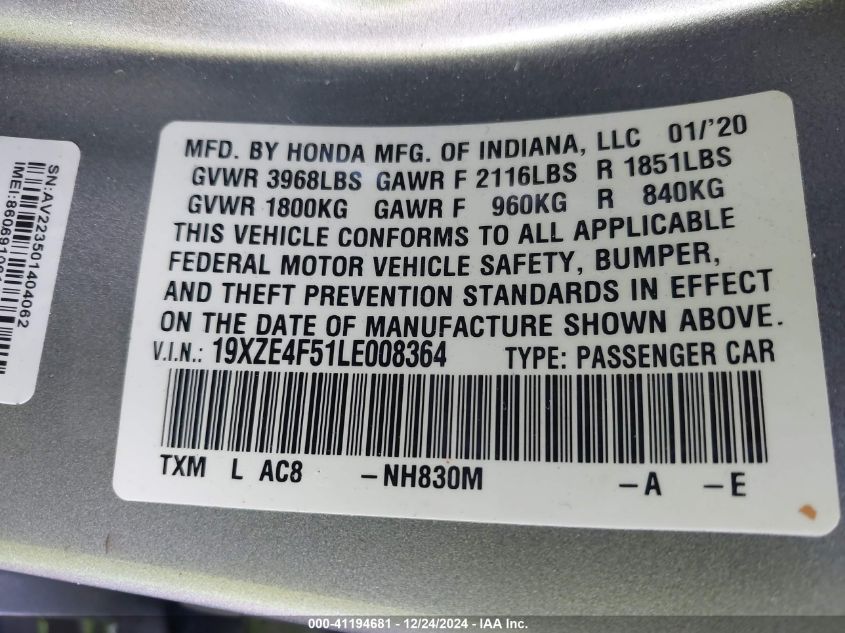 2020 Honda Insight Ex VIN: 19XZE4F51LE008364 Lot: 41194681