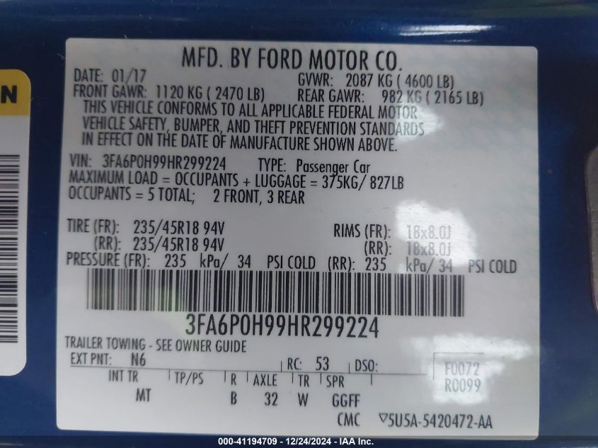 VIN 3FA6P0H99HR299224 2017 Ford Fusion, SE no.9