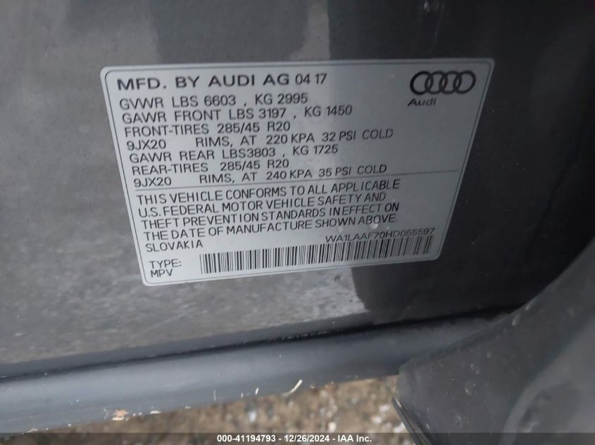 VIN WA1LAAF70HD055597 2017 AUDI Q7 no.9