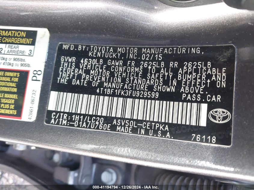 VIN 4T1BF1FK3FU929599 2015 Toyota Camry, Xse no.9