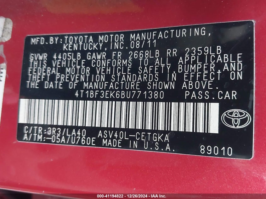 2011 TOYOTA CAMRY VIN: 4T1BF3EK6BU771380