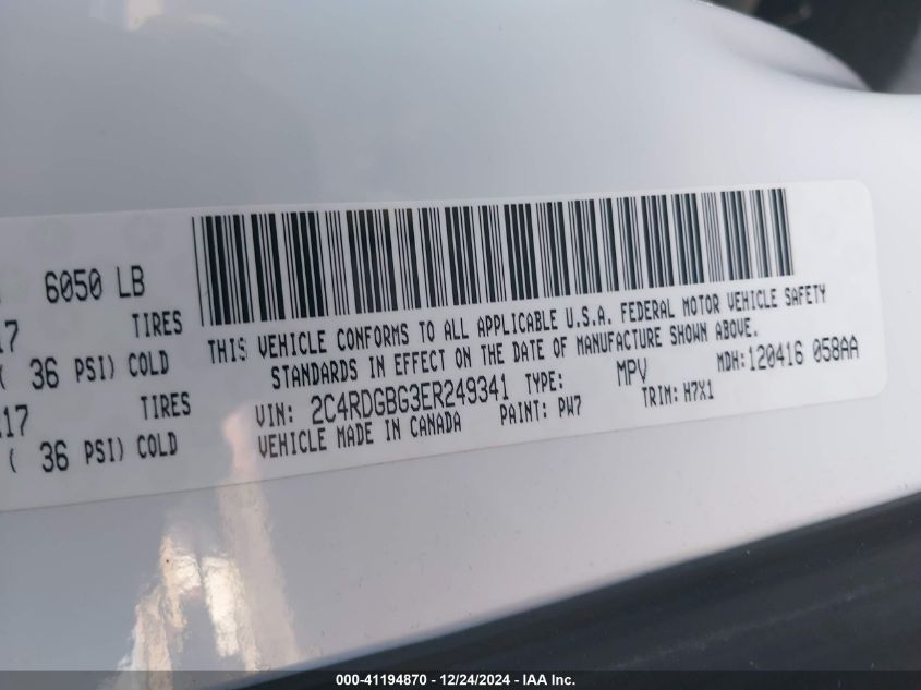 2014 DODGE GRAND CARAVAN VIN: 2C4RDGBG3ER249341