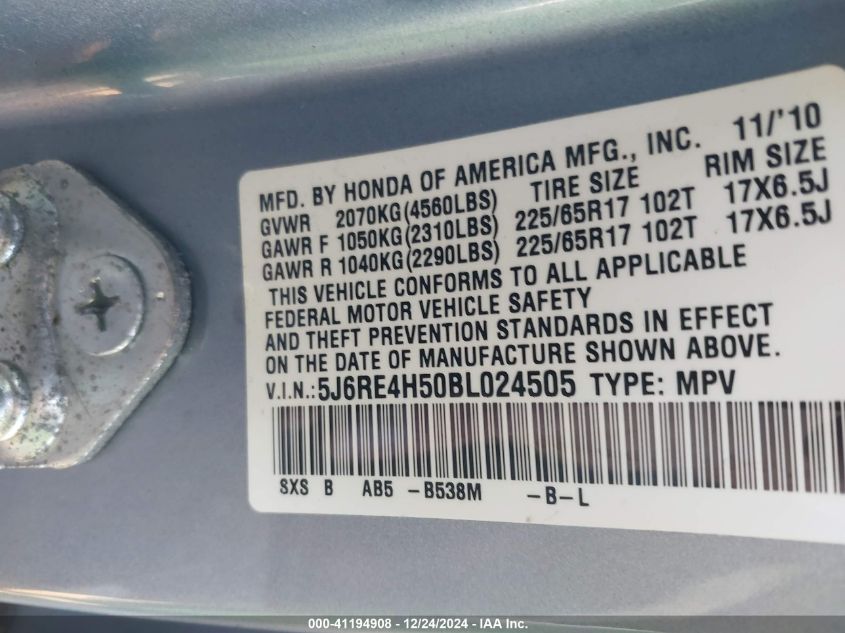 2011 Honda Cr-V Ex VIN: 5J6RE4H50BL024505 Lot: 41194908