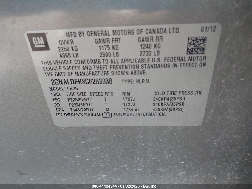 2012 Chevrolet Equinox 1Lt VIN: 2GNALDEK8C6253938 Lot: 41194944