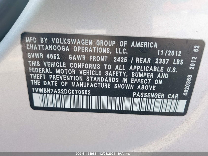 2013 VOLKSWAGEN PASSAT VIN: 1VWBN7A32DC070502