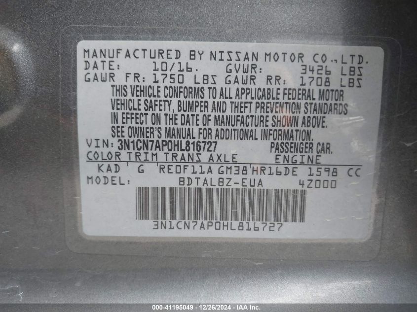 VIN 3N1CN7AP0HL816727 2017 Nissan Versa, 1.6 SV no.9