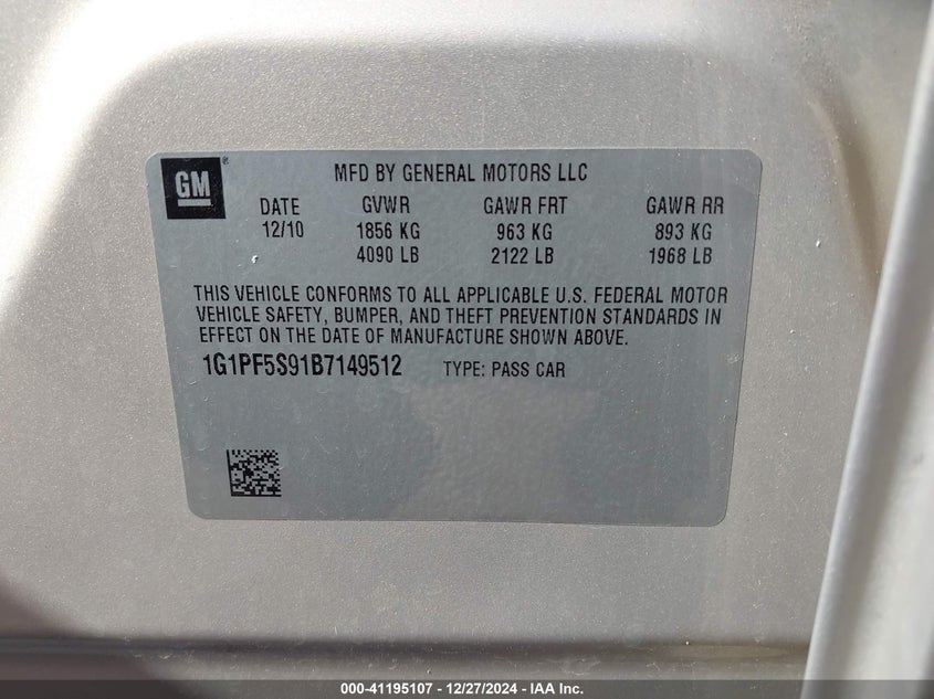 2011 CHEVROLET CRUZE VIN: 1G1PF5S91B7149512