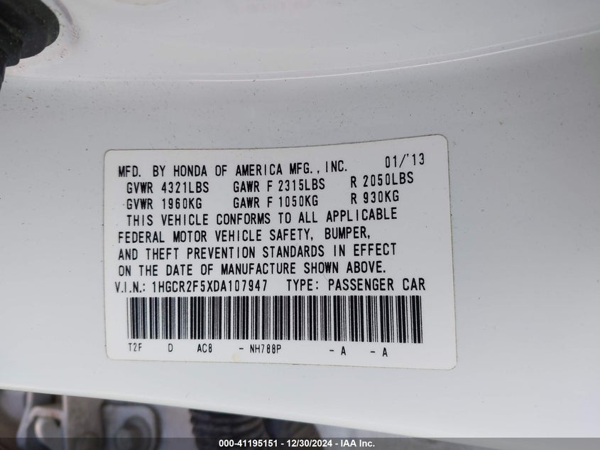 2013 HONDA ACCORD VIN: 1HGCR2F5XDA107947