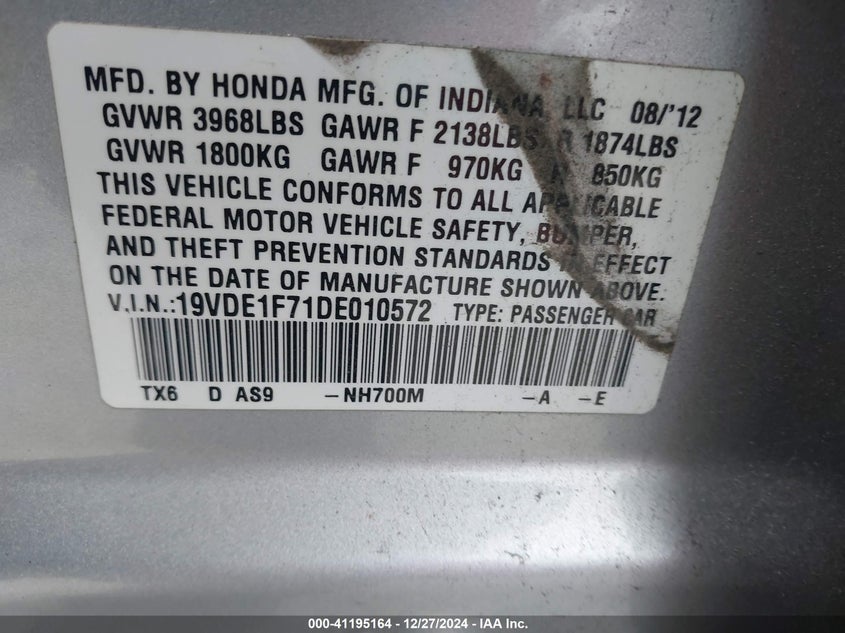 2013 ACURA ILX VIN: 19VDE1F71DE010572