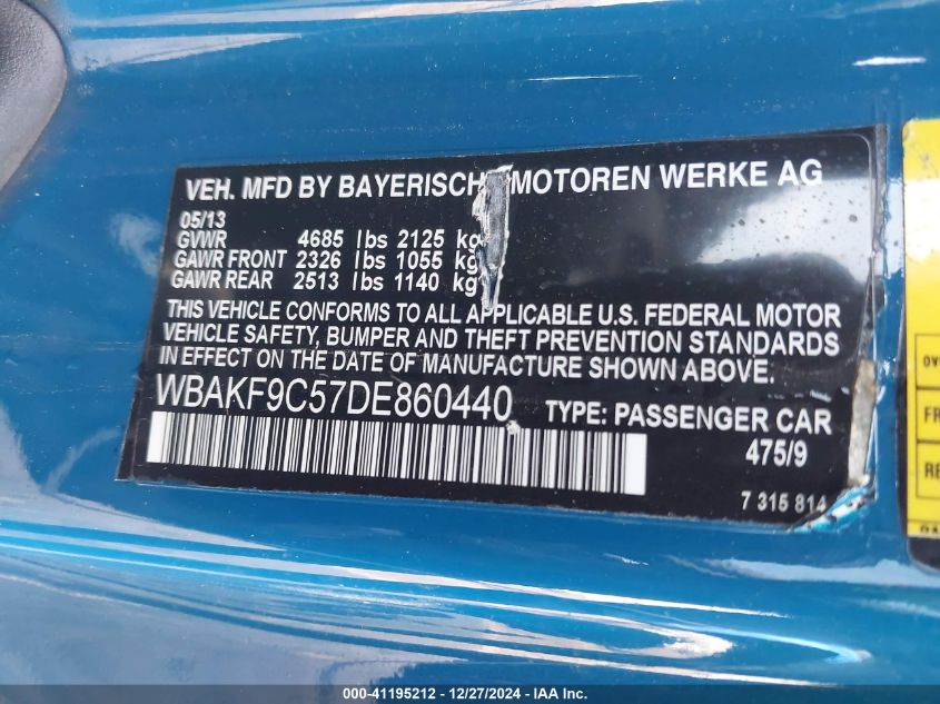 VIN WBAKF9C57DE860440 2013 BMW 3 Series, 335I Xdrive no.9