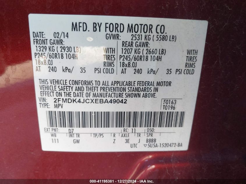 VIN 2FMDK4JCXEBA49042 2014 FORD EDGE no.9