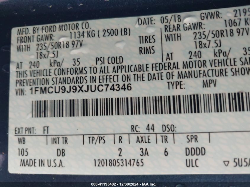 VIN 1FMCU9J9XJUC74346 2018 Ford Escape, Titanium no.9