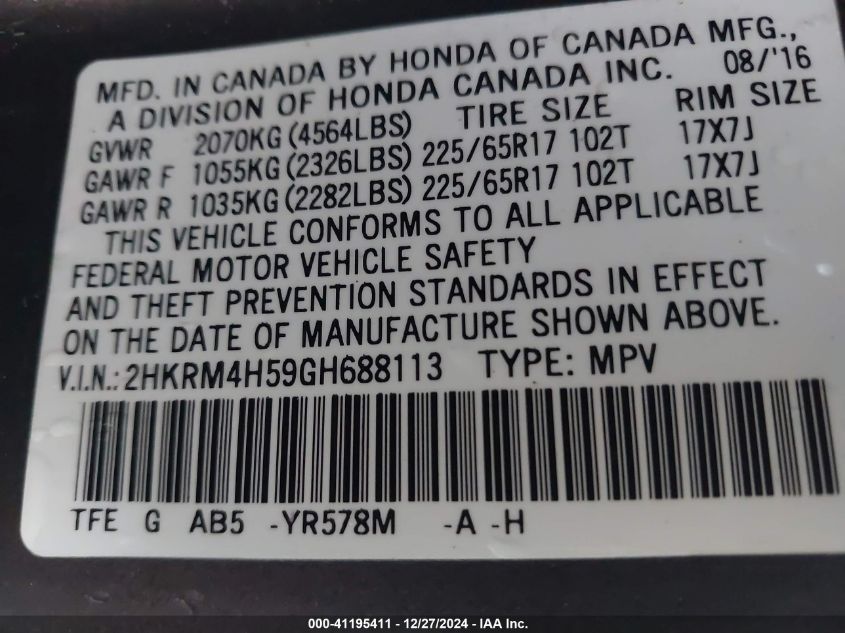 VIN 2HKRM4H59GH688113 2016 HONDA CR-V no.9