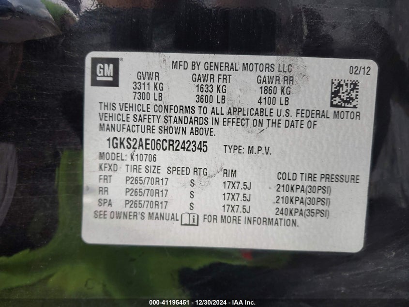 2012 GMC YUKON VIN: 1GKS2AE06CR242345