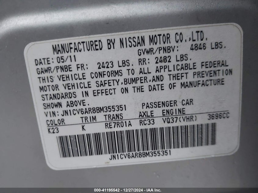 2011 INFINITI G37X VIN: JN1CV6AR8BM355351