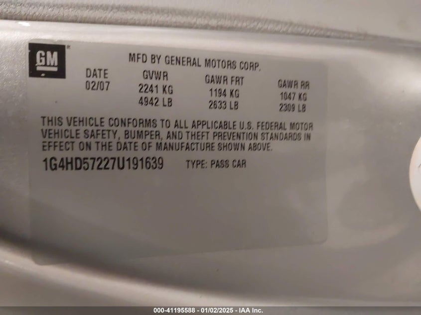 2007 BUICK LUCERNE VIN: 1G4HD57227U191639