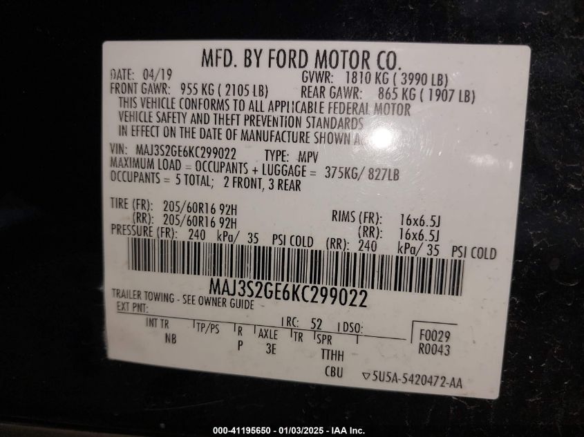 2019 FORD ECOSPORT SE - MAJ3S2GE6KC299022