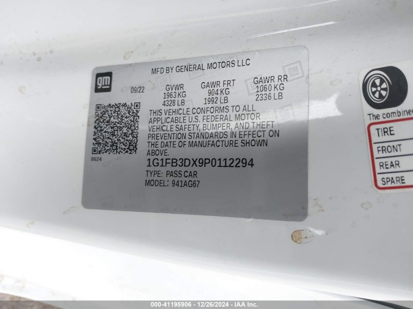 2023 CHEVROLET CAMARO VIN: 1G1FB3DX9P0112294