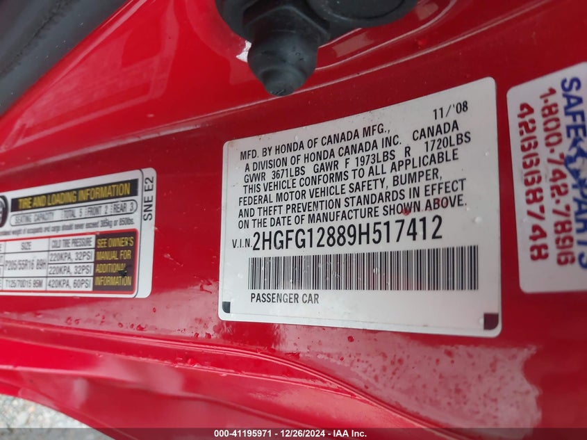2009 HONDA CIVIC VIN: 2HGFG12889H517412
