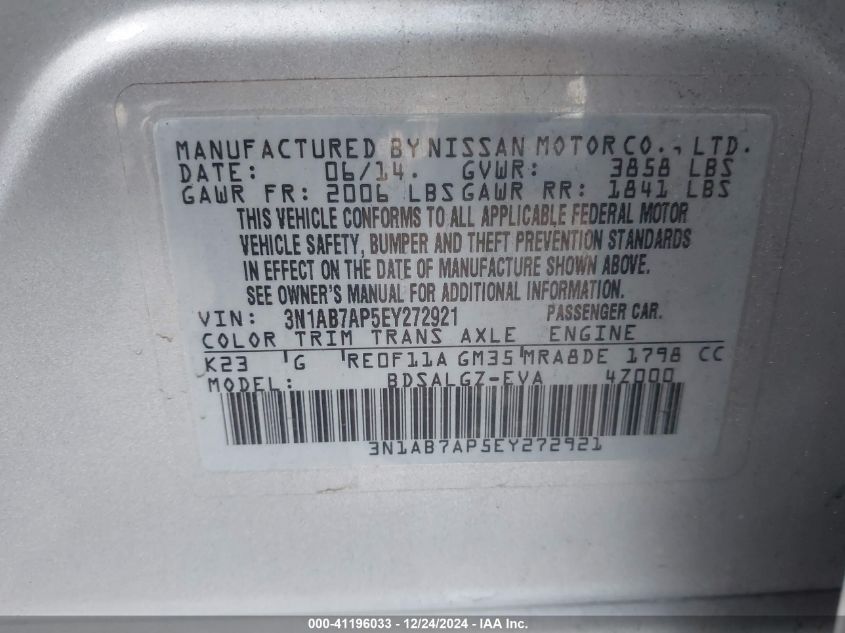 VIN 3N1AB7AP5EY272921 2014 Nissan Sentra, SL no.9