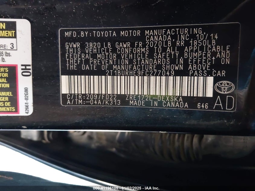 2015 TOYOTA COROLLA L/LE/LE PLS/PRM/S/S PLS - 2T1BURHE9FC277049