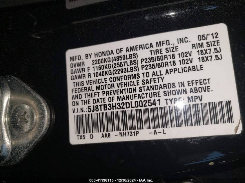 VIN 5J8TB3H32DL002541 2013 Acura RDX no.9