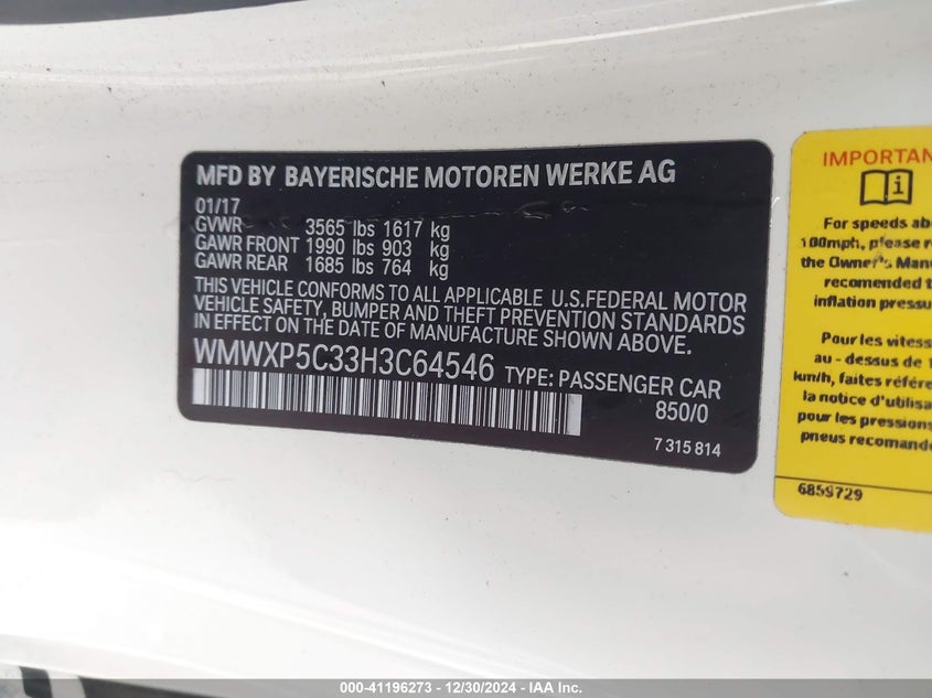 2017 MINI COOPER VIN: WMWXP5C33H3C64546