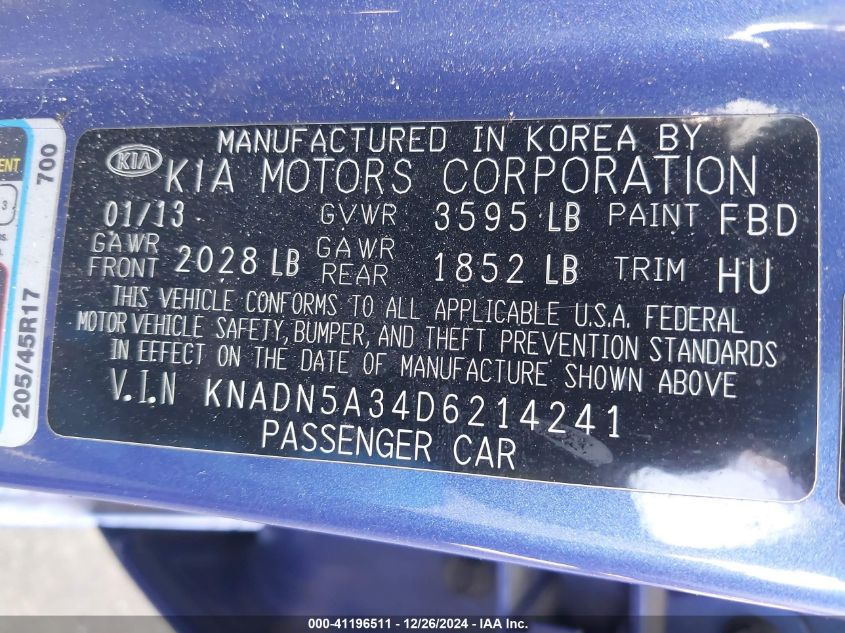 VIN KNADN5A34D6214241 2013 KIA Rio, SX no.9