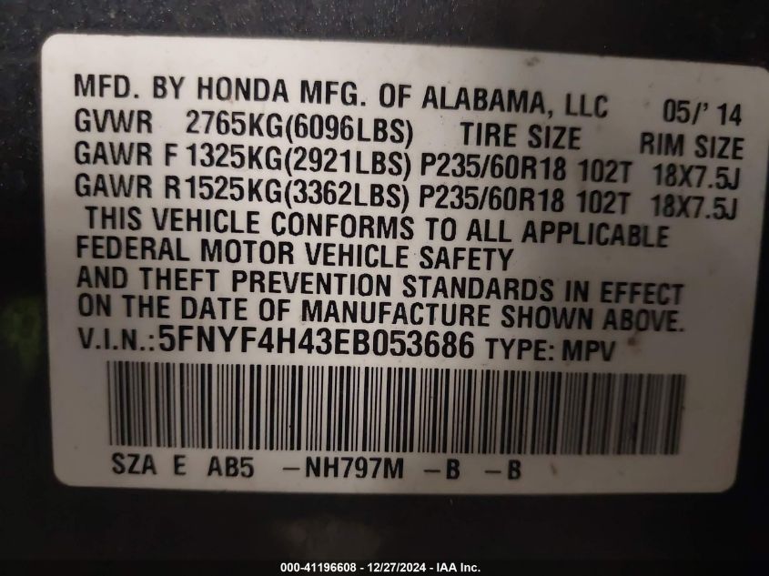 VIN 5FNYF4H43EB053686 2014 HONDA PILOT no.9