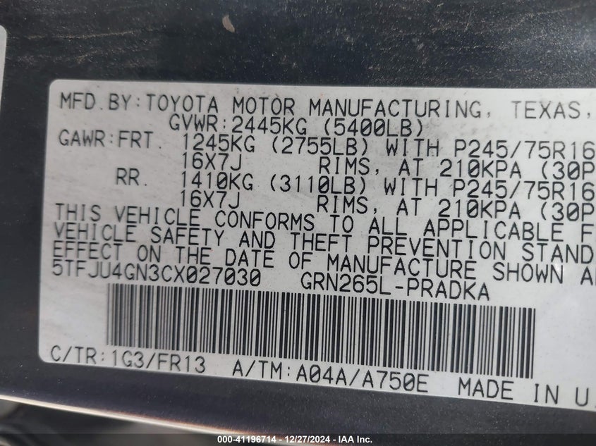 2012 TOYOTA TACOMA VIN: 5TFJU4GN3CX027030