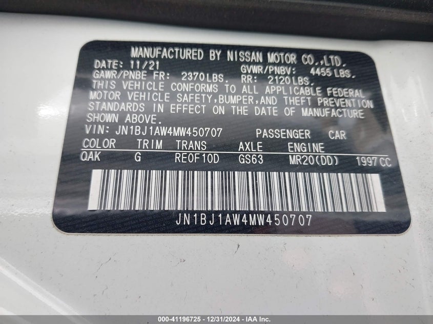 2021 NISSAN ROGUE SPORT VIN: JN1BJ1AW4MW450707