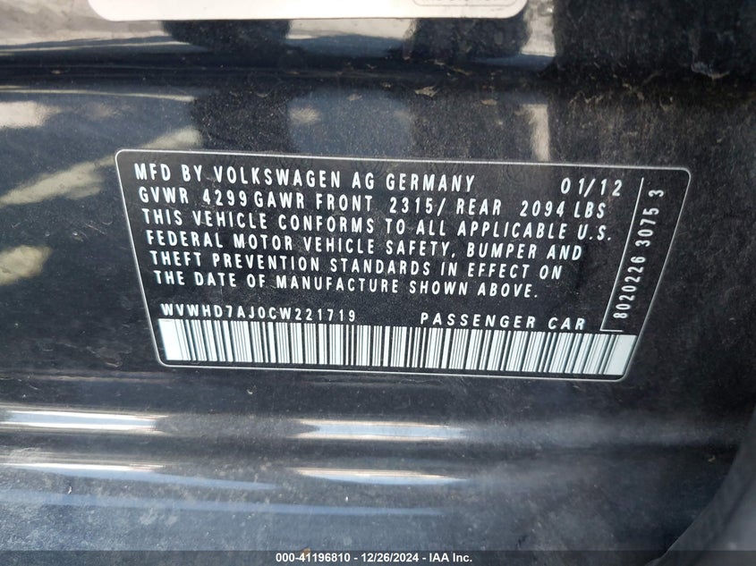 2012 VOLKSWAGEN GTI VIN: WVWHD7AJ0CW221719