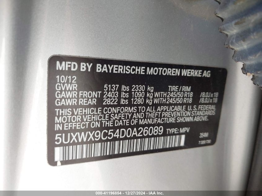 VIN 5UXWX9C54D0A26089 2013 BMW X3, Xdrive28I no.9