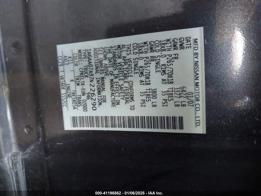 2007 NISSAN TITAN VIN: 1N6AA07A97N226290