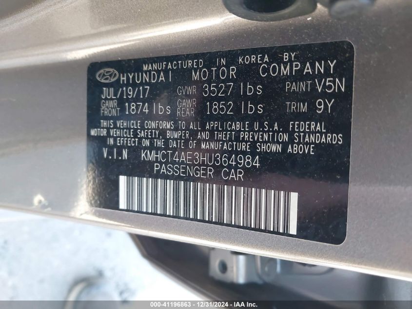 VIN KMHCT4AE3HU364984 2017 Hyundai Accent, Value Ed... no.9