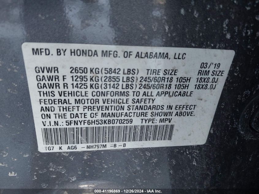 VIN 5FNYF6H53KB070259 2019 Honda Pilot, Ex-L no.9