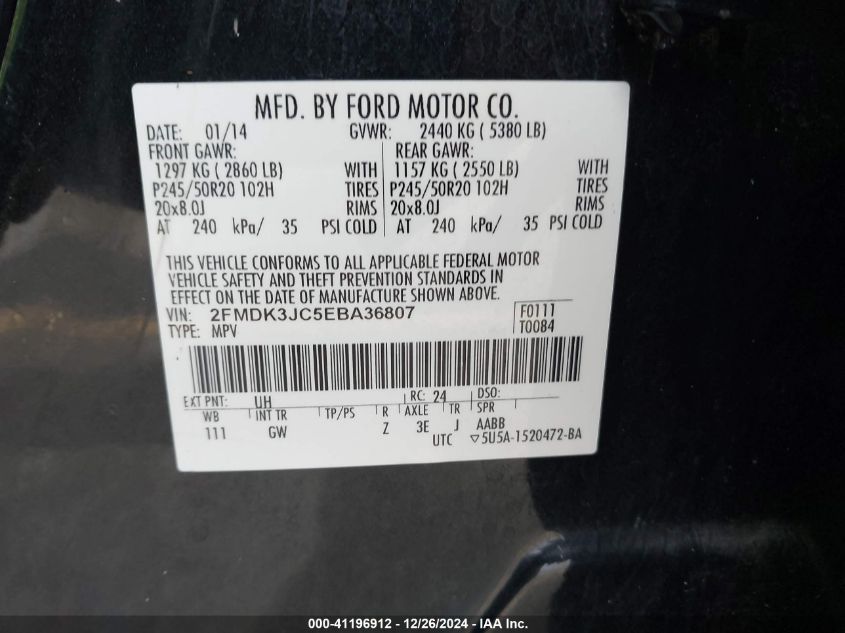 VIN 2FMDK3JC5EBA36807 2014 FORD EDGE no.9