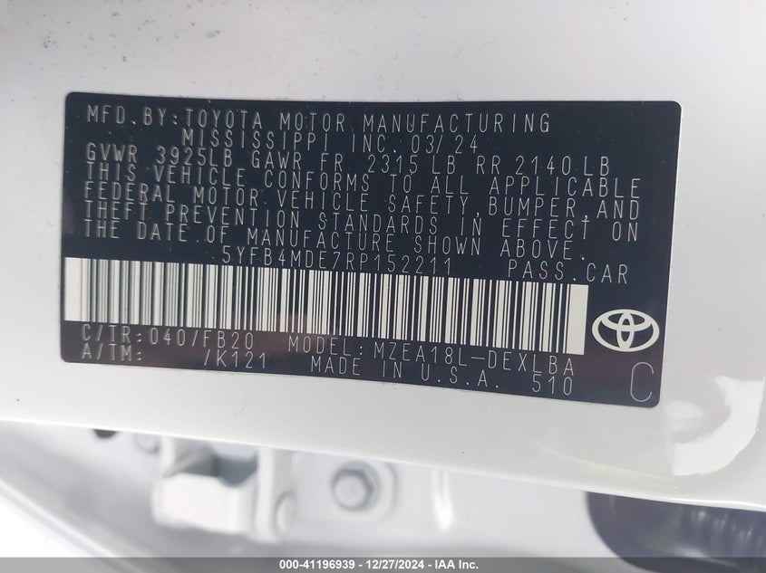 2024 TOYOTA COROLLA VIN: 5YFB4MDE7RP152211