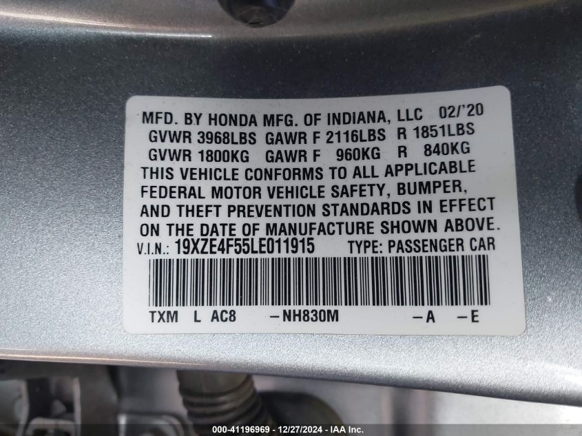 2020 Honda Insight Ex VIN: 19XZE4F55LE011915 Lot: 41196969