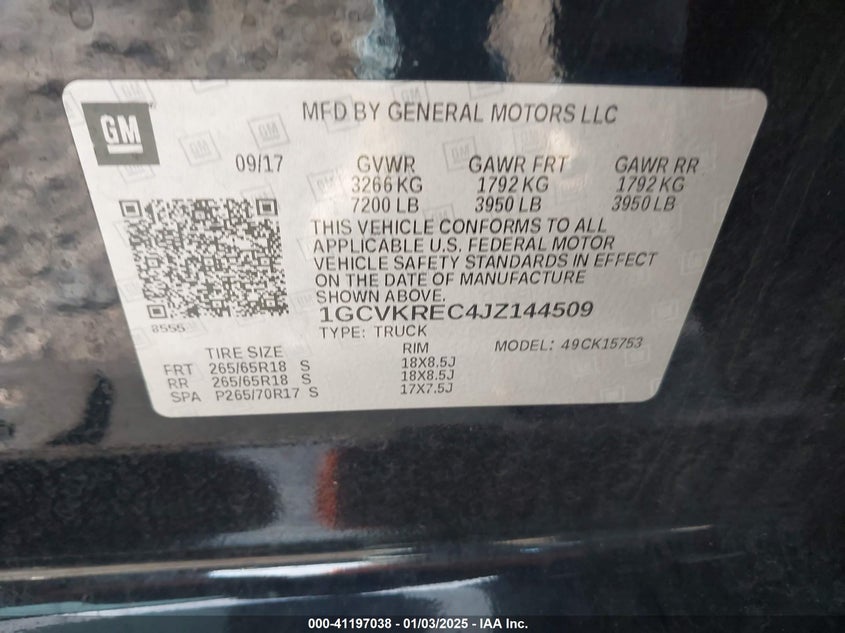 2018 CHEVROLET SILVERADO VIN: 1GCVKREC4JZ144509