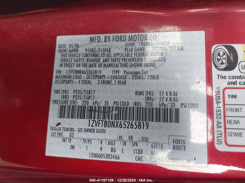 2006 FORD MUSTANG VIN: 1ZVFT80NX65265819
