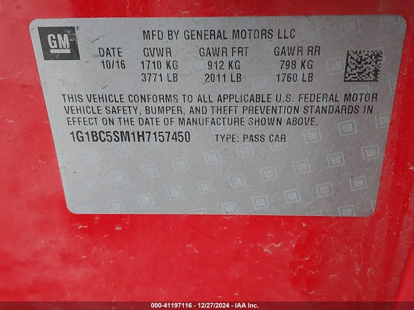 2017 CHEVROLET CRUZE VIN: 1G1BC5SM1H7157450